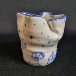 Artisan Studio Potttery Signed MAK Ruffled Goodnight Vase Delft Inspired Blue